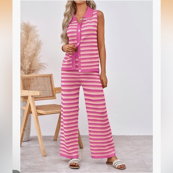 Pants - Pink Striped Crochet Knit Lounge Set — Size Small Viscose Blend 2-Piece 💖 NWOT